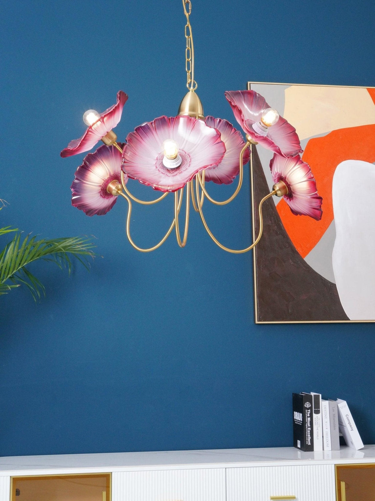 Lámpara colgante botánica de cristal de 35 pulgadas con acabado dorado para comedor, sala de estar o vestíbulo, iluminación ambiental superior | Thomler