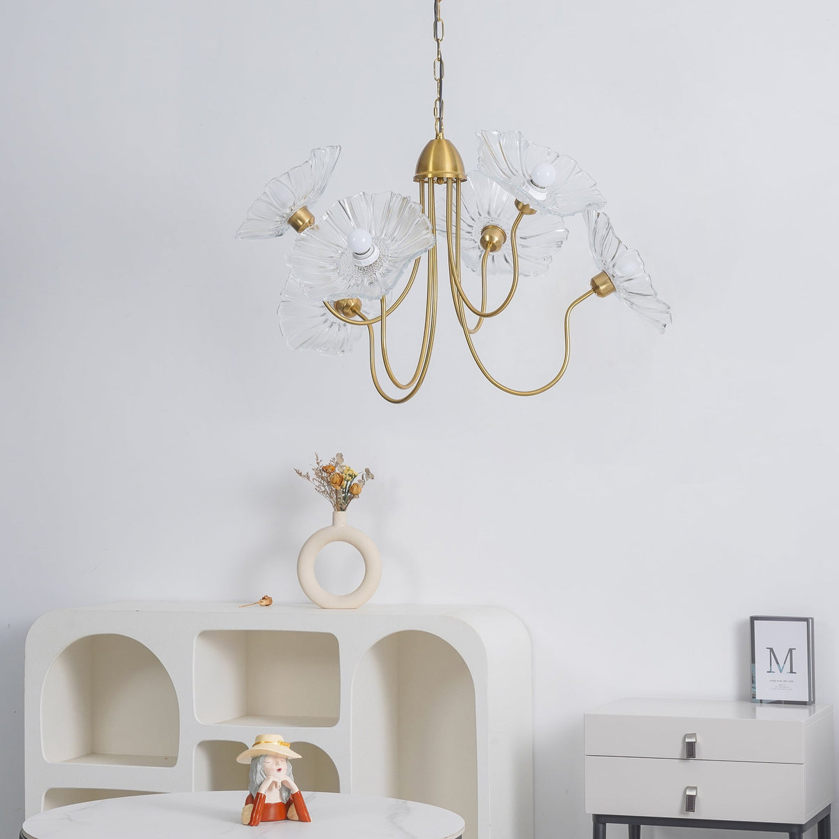 Lámpara colgante botánica de cristal de 35 pulgadas con acabado dorado para comedor, sala de estar o vestíbulo, iluminación ambiental superior | Thomler