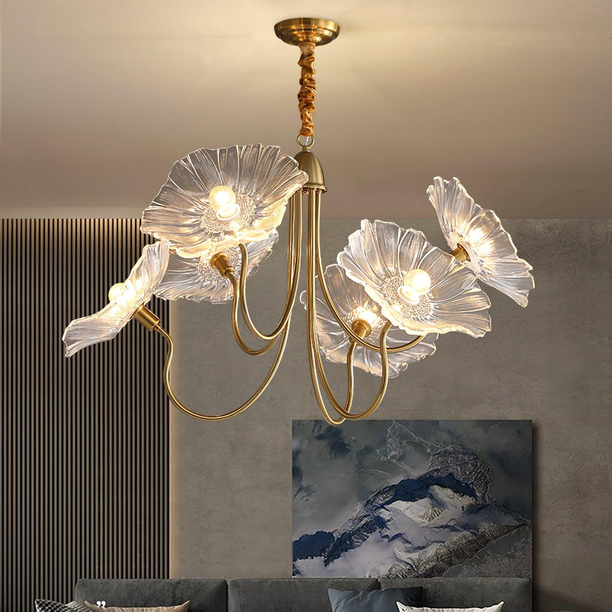 Lámpara colgante botánica de cristal de 35 pulgadas con acabado dorado para comedor, sala de estar o vestíbulo, iluminación ambiental superior | Thomler