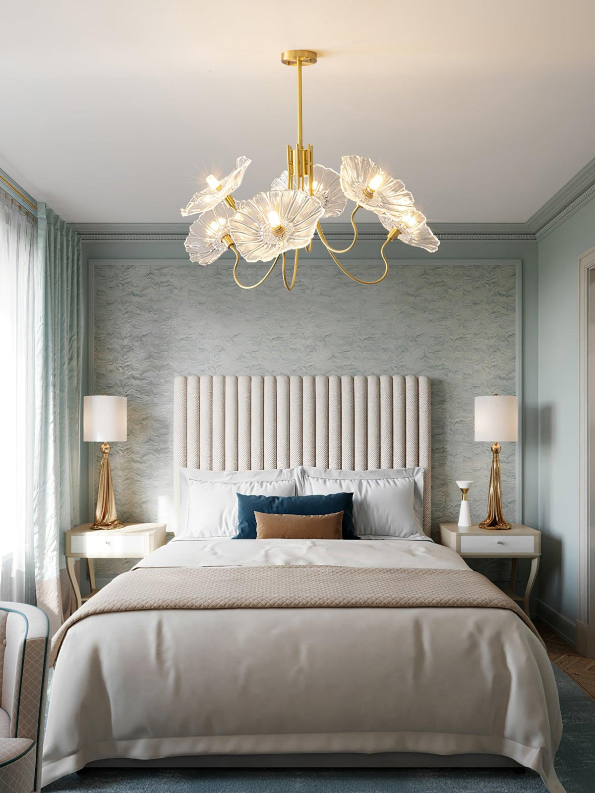 Lámpara colgante botánica de cristal de 35 pulgadas con acabado dorado para comedor, sala de estar o vestíbulo, iluminación ambiental superior | Thomler