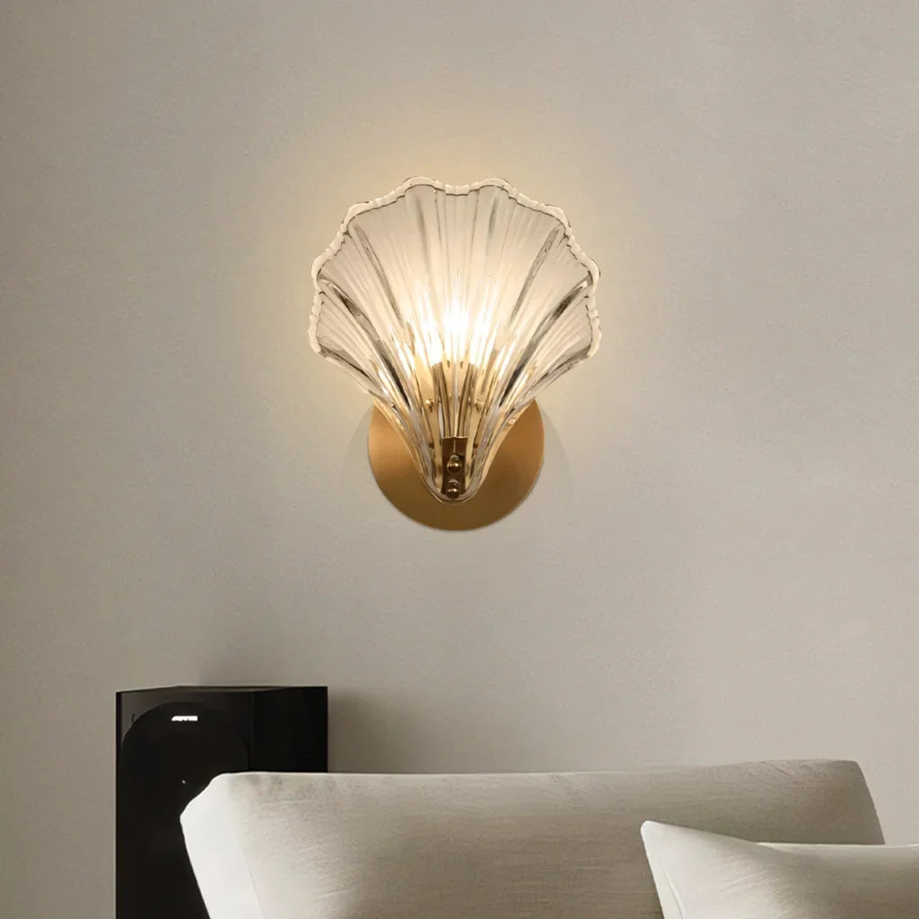 Sconce with Organic Shell-Shaped Shade – 10 Inch Brass & Glass Fixture for Bedside, Hallway, Powder Room – Subtle Glow | Thomler