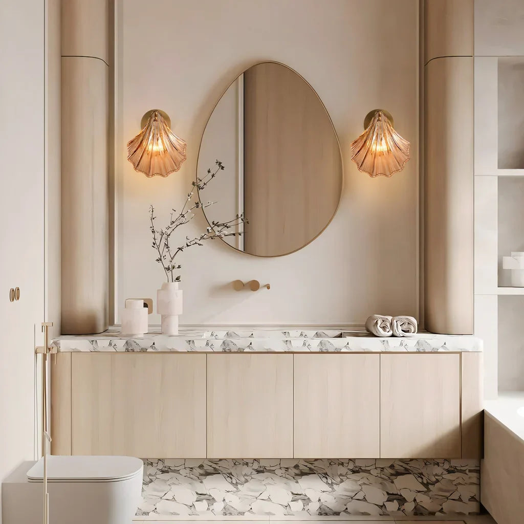 Sconce with Organic Shell-Shaped Shade – 10 Inch Brass & Glass Fixture for Bedside, Hallway, Powder Room – Subtle Glow | Thomler