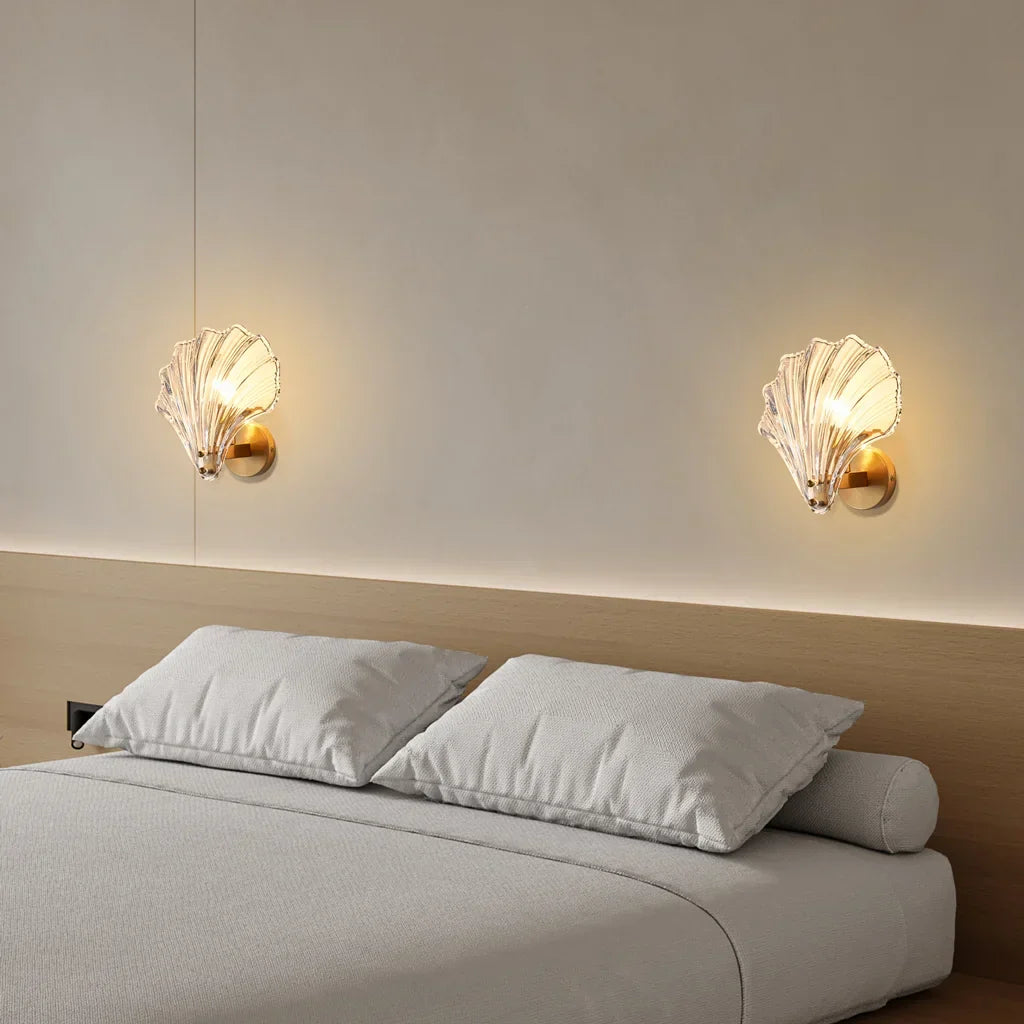 Sconce with Organic Shell-Shaped Shade – 10 Inch Brass & Glass Fixture for Bedside, Hallway, Powder Room – Subtle Glow | Thomler