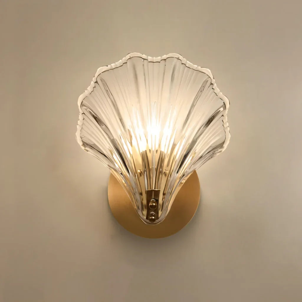 Sconce with Organic Shell-Shaped Shade – 10 Inch Brass & Glass Fixture for Bedside, Hallway, Powder Room – Subtle Glow | Thomler