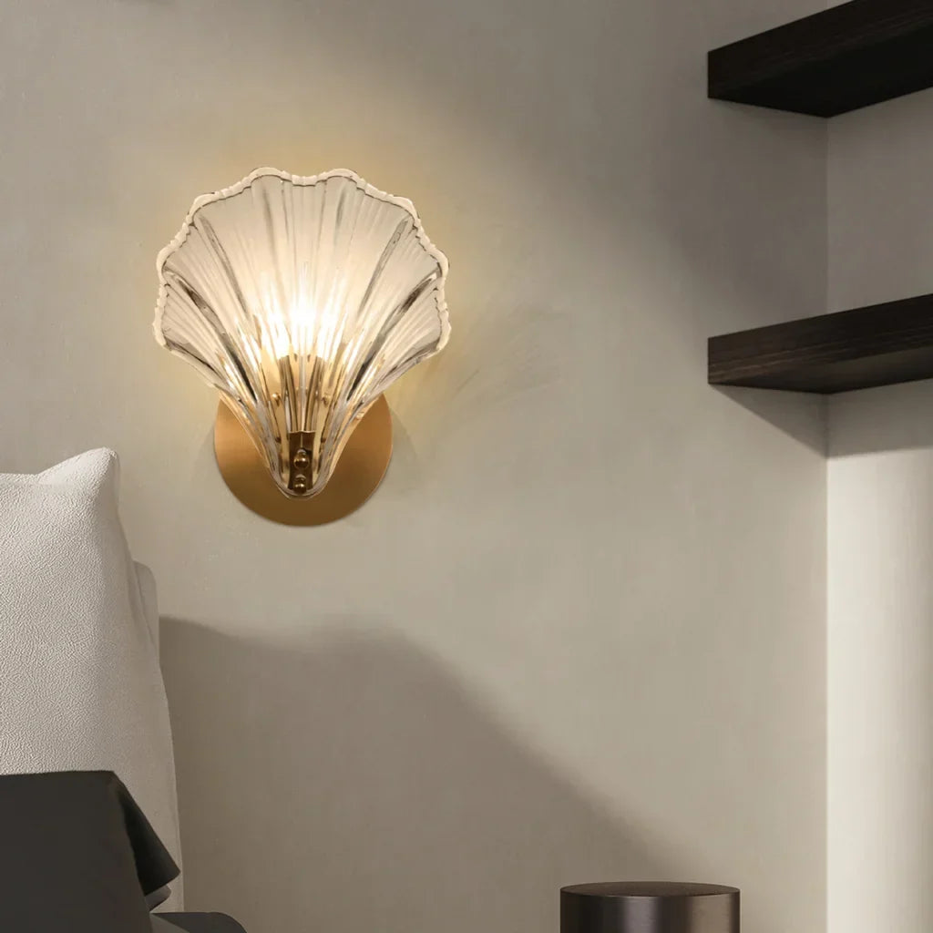 Sconce with Organic Shell-Shaped Shade – 10 Inch Brass & Glass Fixture for Bedside, Hallway, Powder Room – Subtle Glow | Thomler