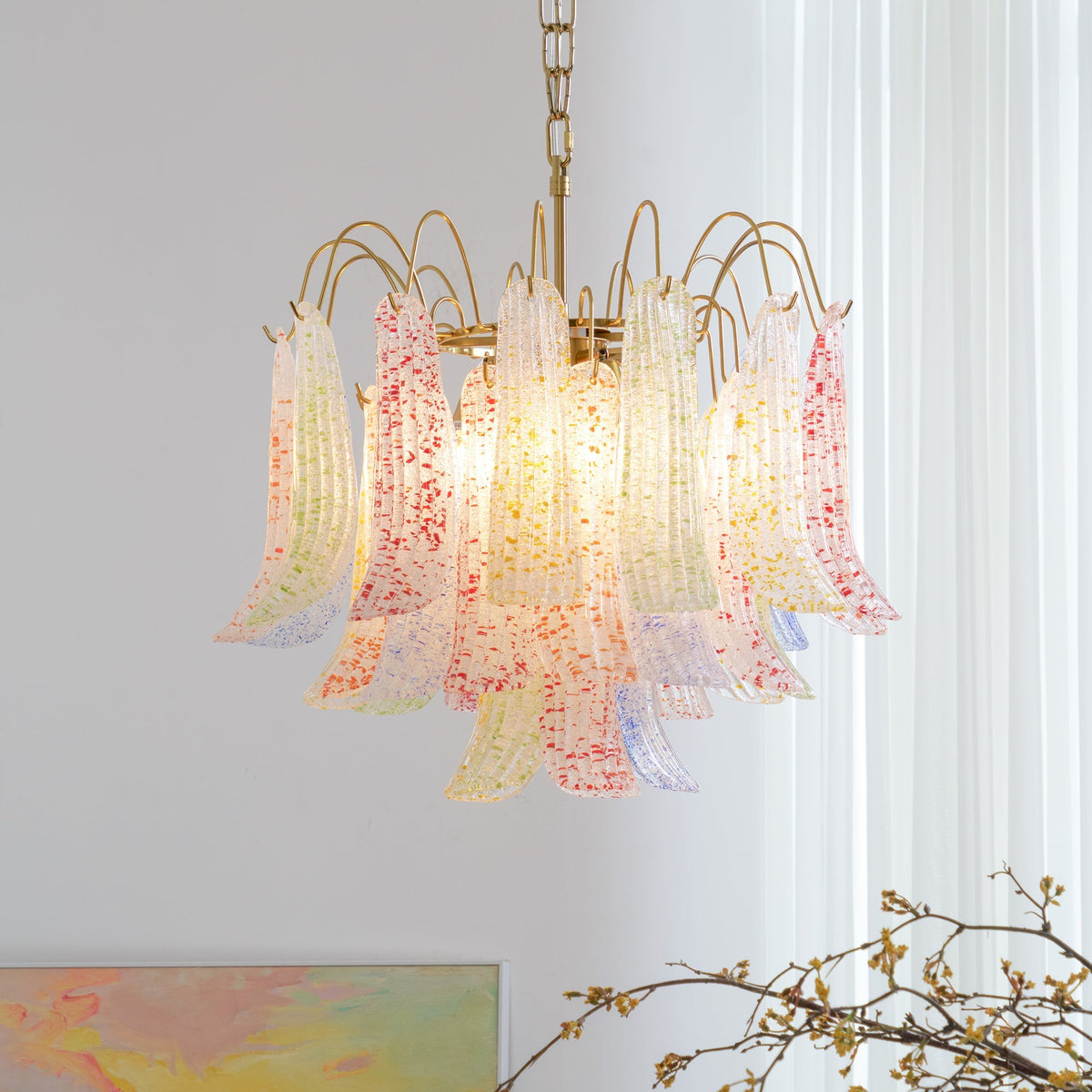 Mondgeblazen kunstglazen kroonluchter, hanglamp met meerdere lichtbronnen, levendige kleuren, statement-verlichting voor eetkamer en woonkamer, diameter 50-60 cm | Thomler
