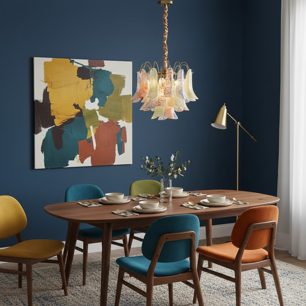 Mondgeblazen kunstglazen kroonluchter, hanglamp met meerdere lichtbronnen, levendige kleuren, statement-verlichting voor eetkamer en woonkamer, diameter 50-60 cm | Thomler