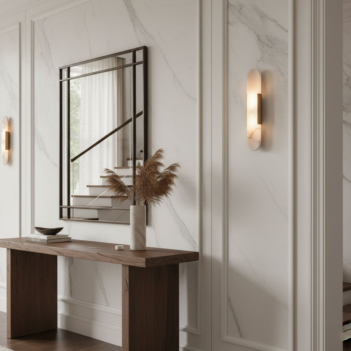 Aplique de alabastro hecho a mano con detalle en latón, lámpara de pared de 14 pulgadas para dormitorio, pasillo, sala de estar, accesorio interior, LED G4, piedra alargada moderna