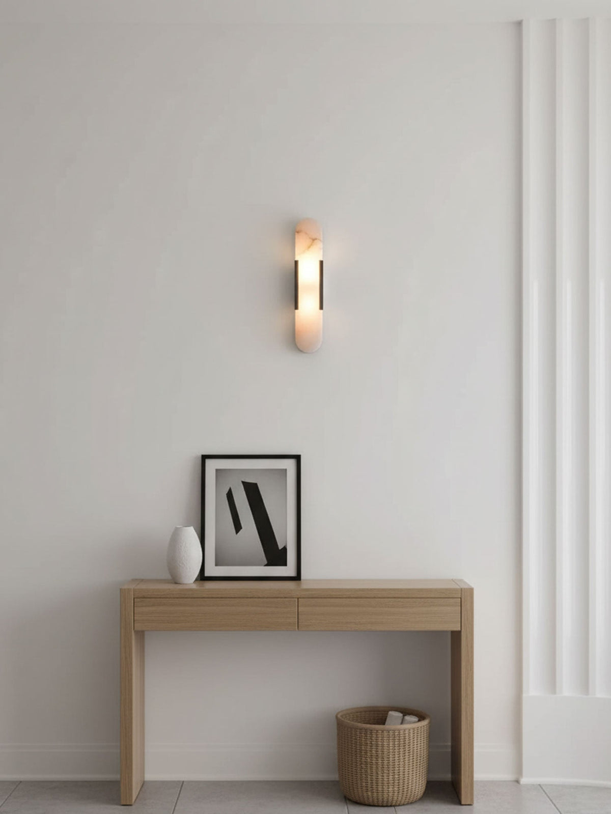 Aplique de alabastro hecho a mano con detalle en latón, lámpara de pared de 14 pulgadas para dormitorio, pasillo, sala de estar, accesorio interior, LED G4, piedra alargada moderna