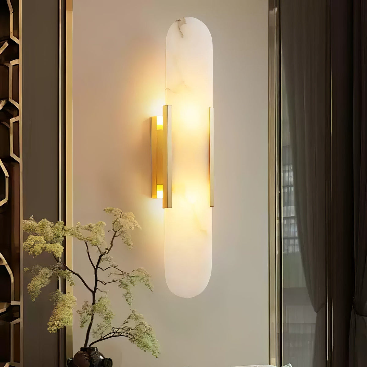 Aplique de alabastro hecho a mano con detalle en latón, lámpara de pared de 14 pulgadas para dormitorio, pasillo, sala de estar, accesorio interior, LED G4, piedra alargada moderna