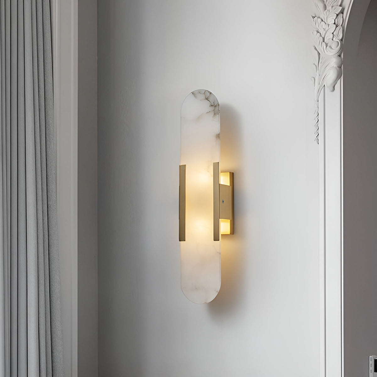 Aplique de alabastro hecho a mano con detalle en latón, lámpara de pared de 14 pulgadas para dormitorio, pasillo, sala de estar, accesorio interior, LED G4, piedra alargada moderna