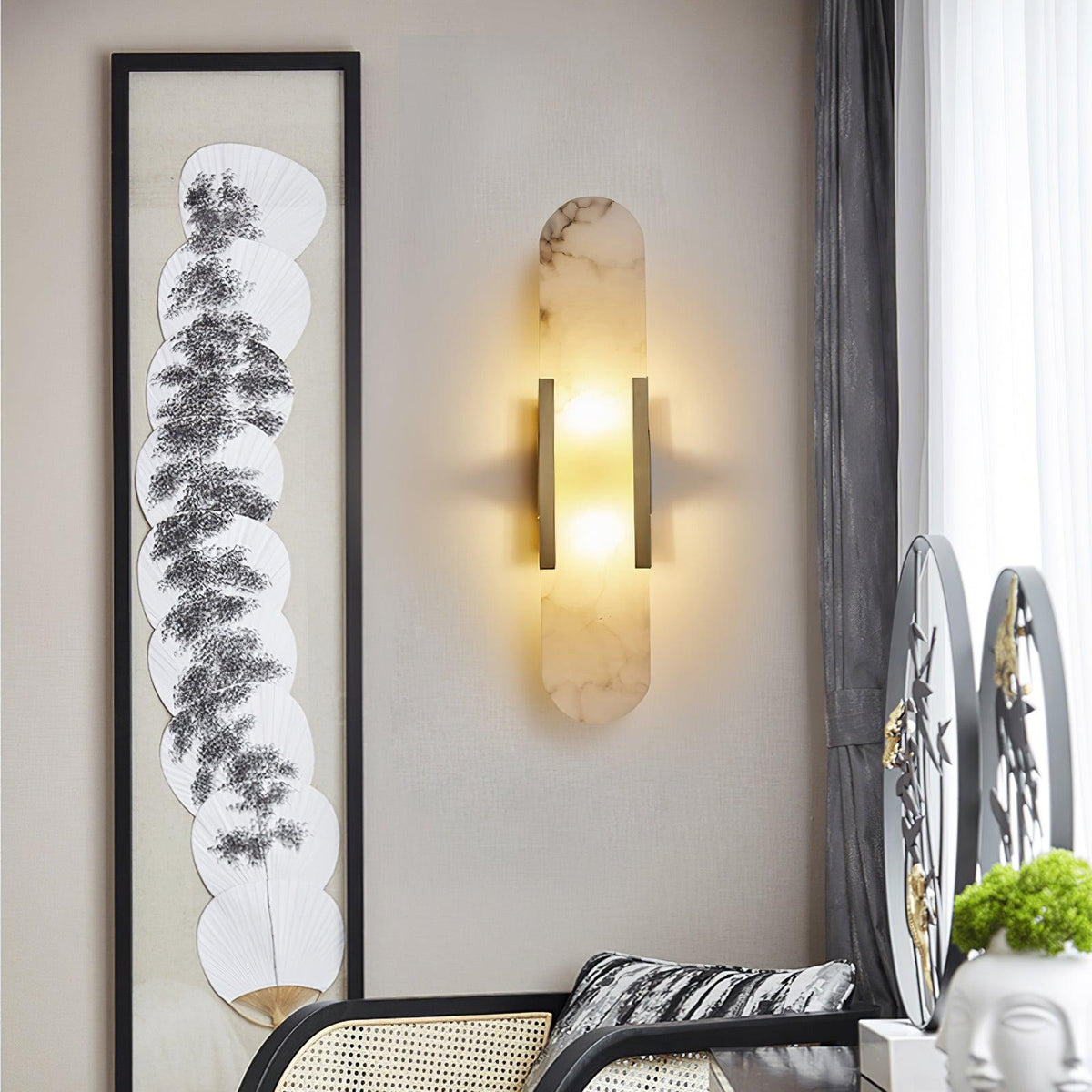 Aplique de alabastro hecho a mano con detalle en latón, lámpara de pared de 14 pulgadas para dormitorio, pasillo, sala de estar, accesorio interior, LED G4, piedra alargada moderna