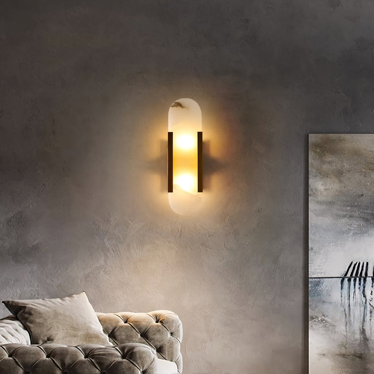 Aplique de alabastro hecho a mano con detalle en latón, lámpara de pared de 14 pulgadas para dormitorio, pasillo, sala de estar, accesorio interior, LED G4, piedra alargada moderna