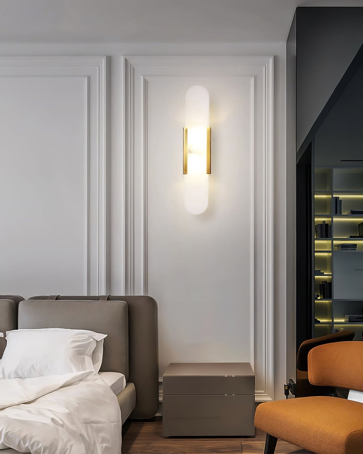 Aplique de alabastro hecho a mano con detalle en latón, lámpara de pared de 14 pulgadas para dormitorio, pasillo, sala de estar, accesorio interior, LED G4, piedra alargada moderna