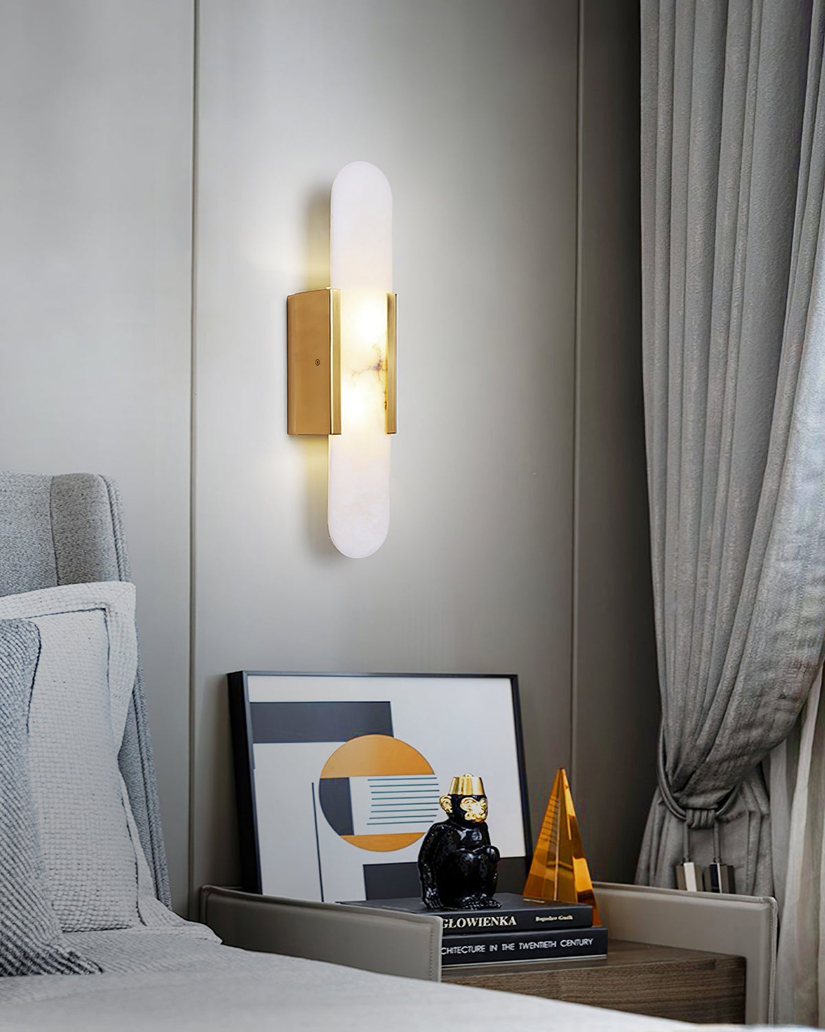 Aplique de alabastro hecho a mano con detalle en latón, lámpara de pared de 14 pulgadas para dormitorio, pasillo, sala de estar, accesorio interior, LED G4, piedra alargada moderna