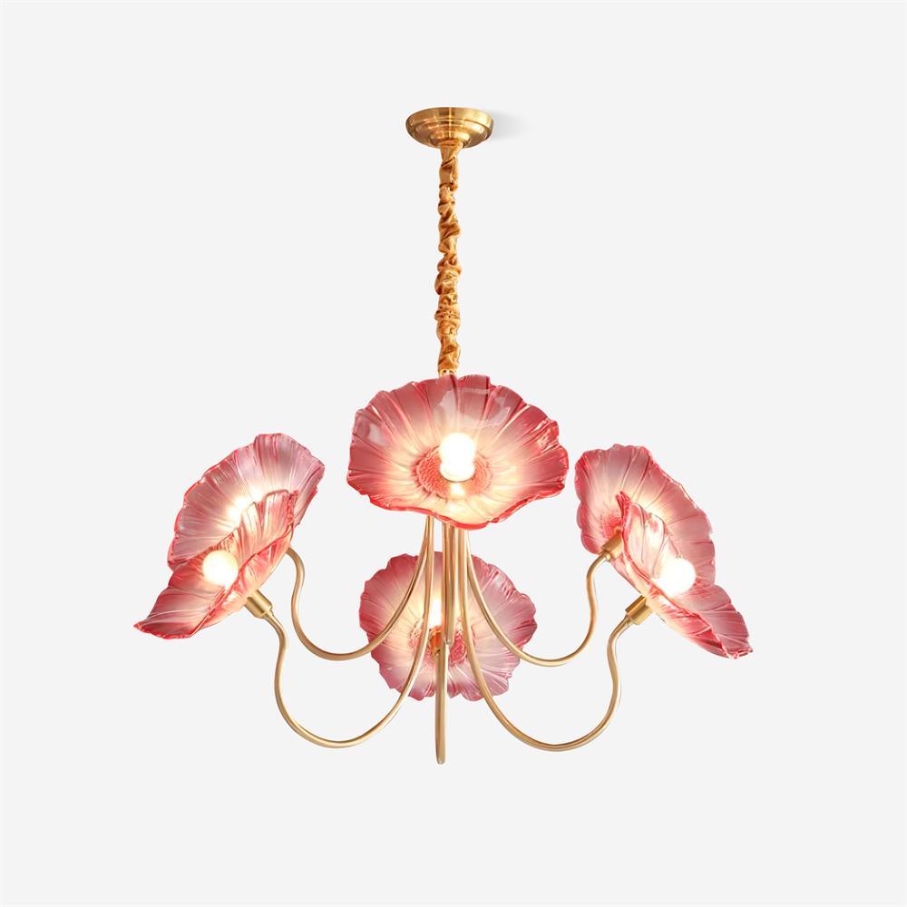 Hanglamp van mat glas met bloemdesign, 35 inch, meerarmig armatuur, helder roze goud, plafondverlichting voor eetkamer, woonkamer, hal, entree, modern in | Thomler
