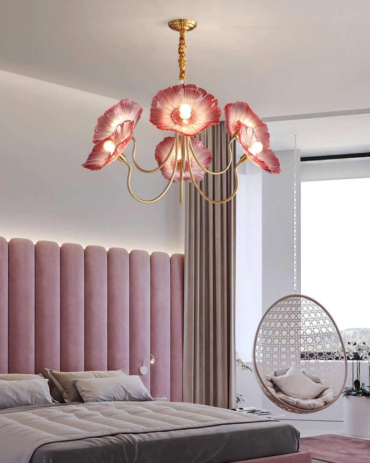 Hanglamp van mat glas met bloemdesign, 35 inch, meerarmig armatuur, helder roze goud, plafondverlichting voor eetkamer, woonkamer, hal, entree, modern in | Thomler