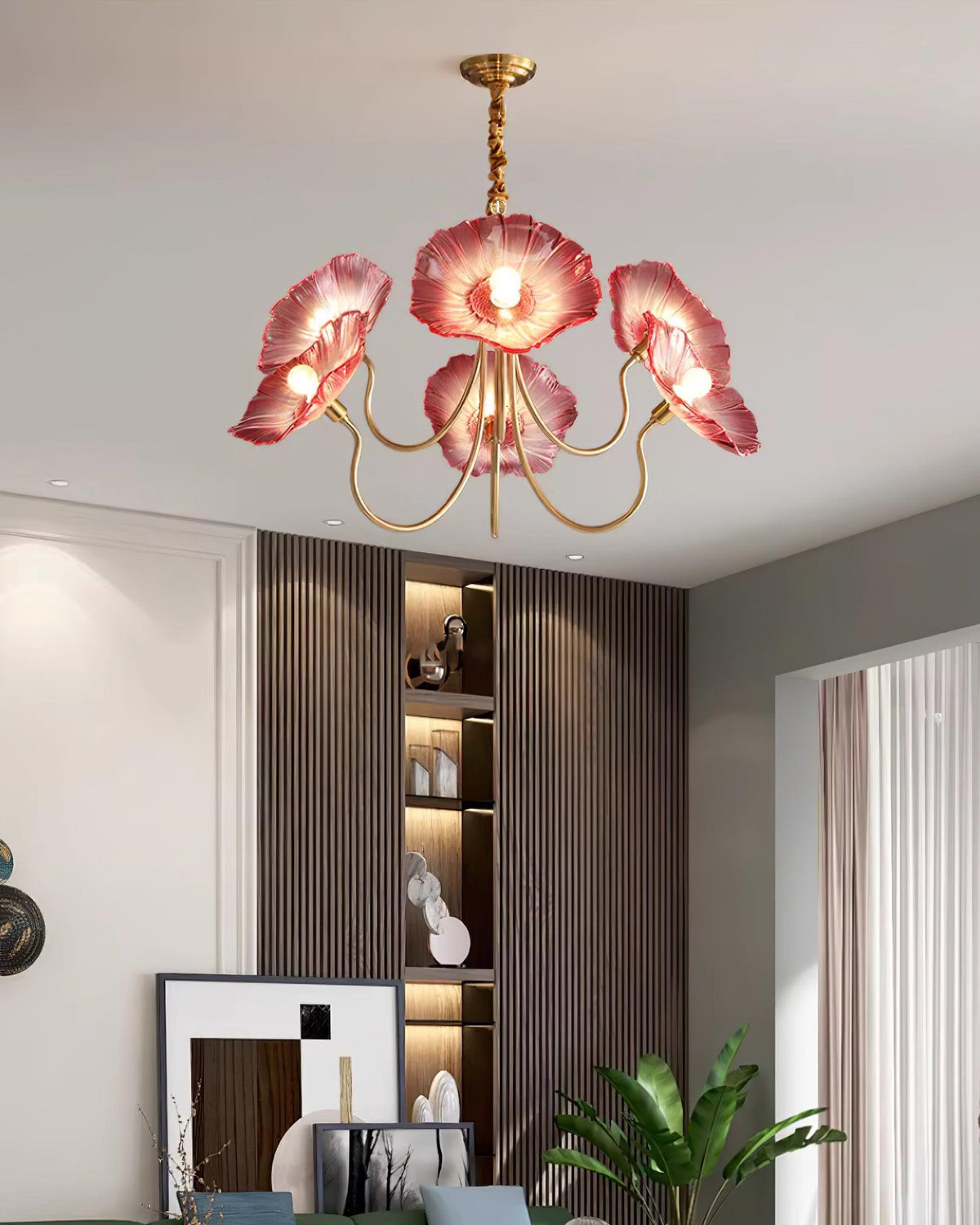 Hanglamp van mat glas met bloemdesign, 35 inch, meerarmig armatuur, helder roze goud, plafondverlichting voor eetkamer, woonkamer, hal, entree, modern in | Thomler