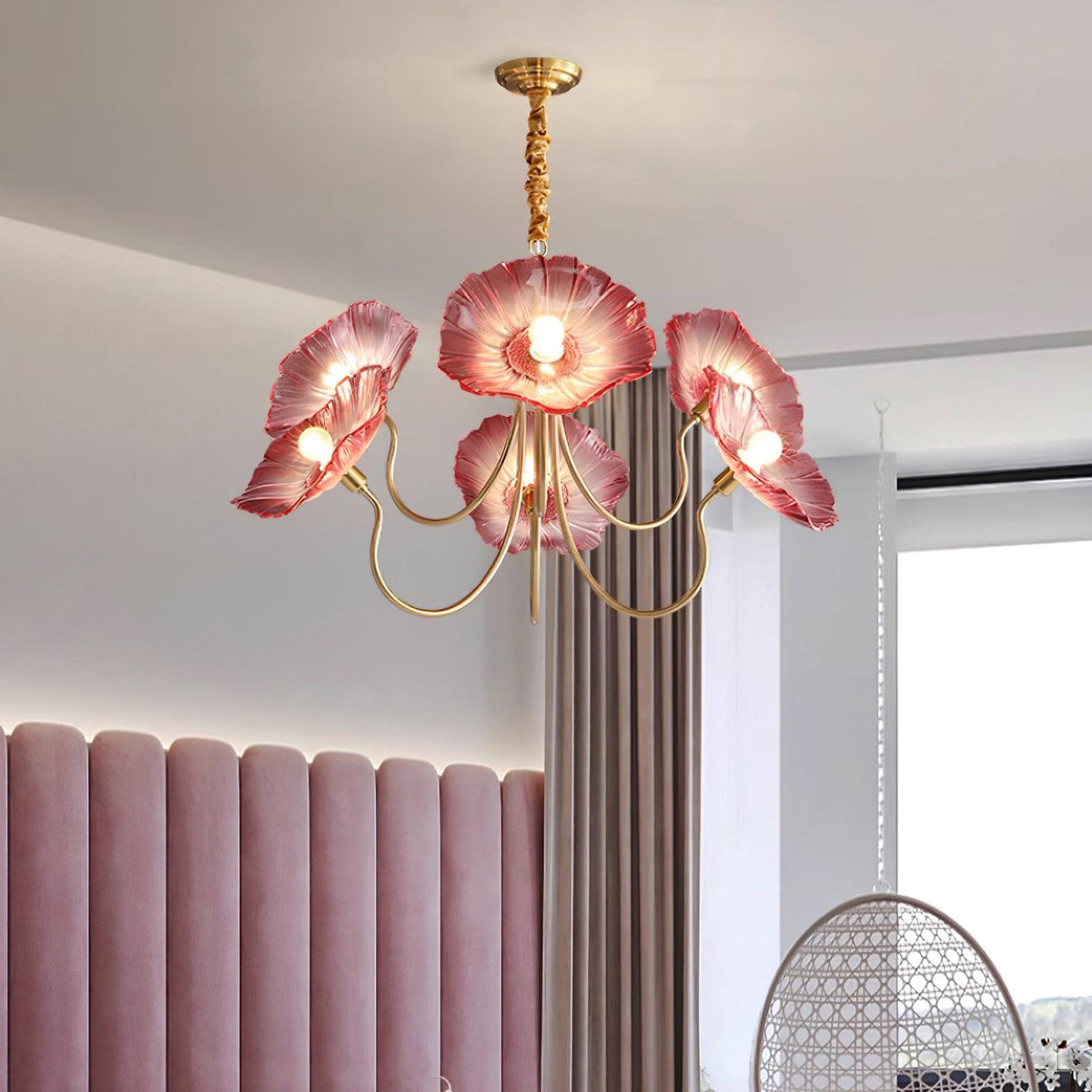 Hanglamp van mat glas met bloemdesign, 35 inch, meerarmig armatuur, helder roze goud, plafondverlichting voor eetkamer, woonkamer, hal, entree, modern in | Thomler