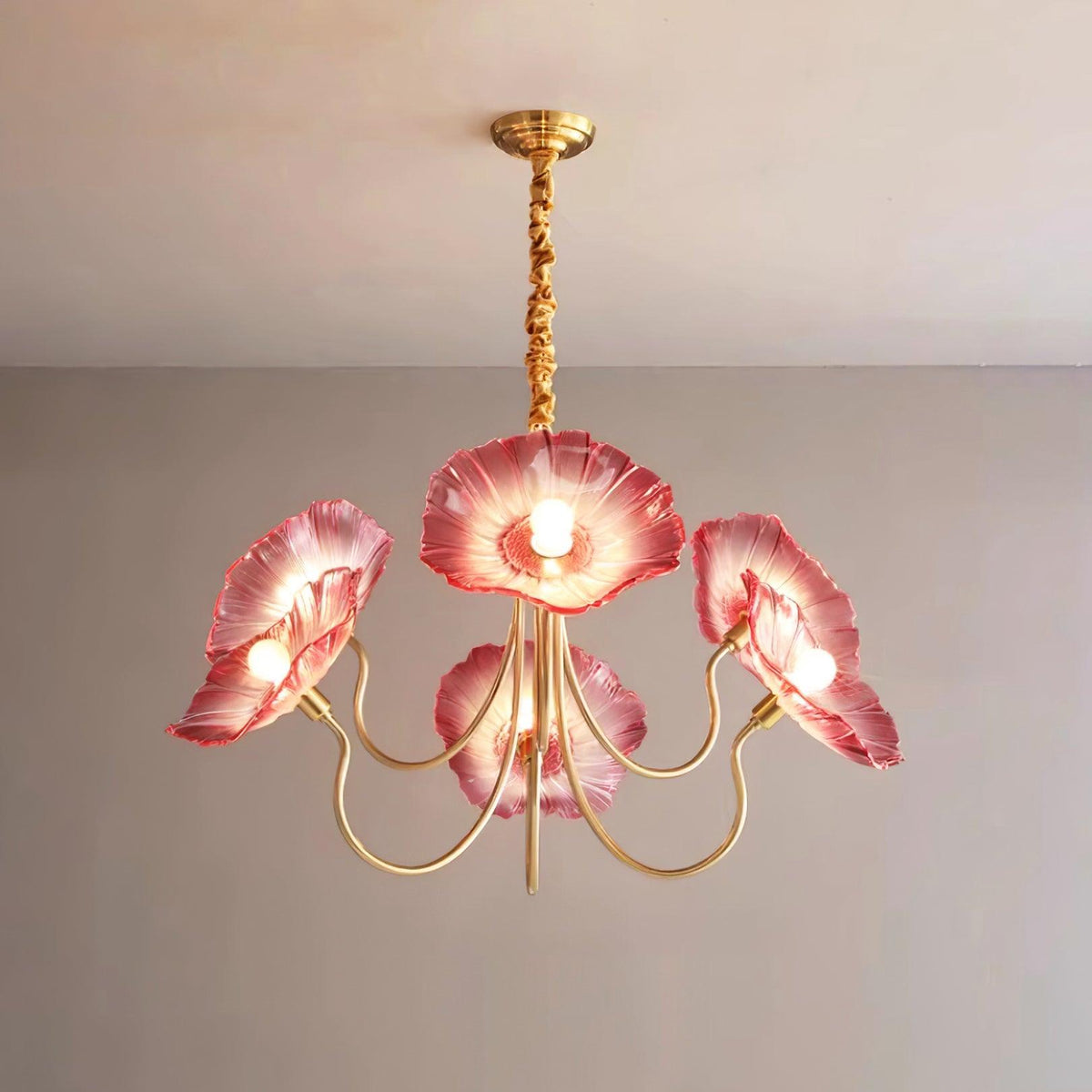 Hanglamp van mat glas met bloemdesign, 35 inch, meerarmig armatuur, helder roze goud, plafondverlichting voor eetkamer, woonkamer, hal, entree, modern in | Thomler