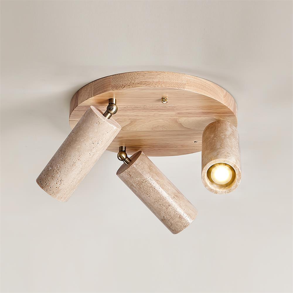 Drievoudige Draaibare Spotlight met Natuurstenen Cilinders & Houten Basis – Directionele Accentverlichting voor Keukens, Entrees & Woonruimtes | Thomler