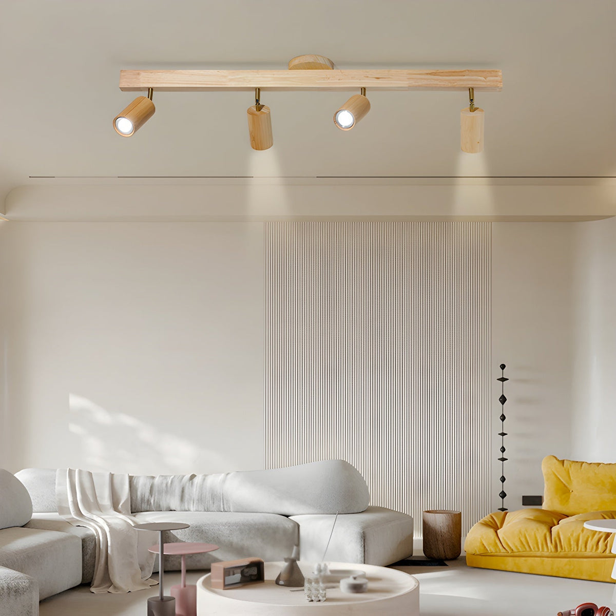 Foco de riel con múltiples cabezales y pantallas de madera para cocina, comedor y sala de estar | Lámpara LED ajustable para riel | Techo rústico de granja