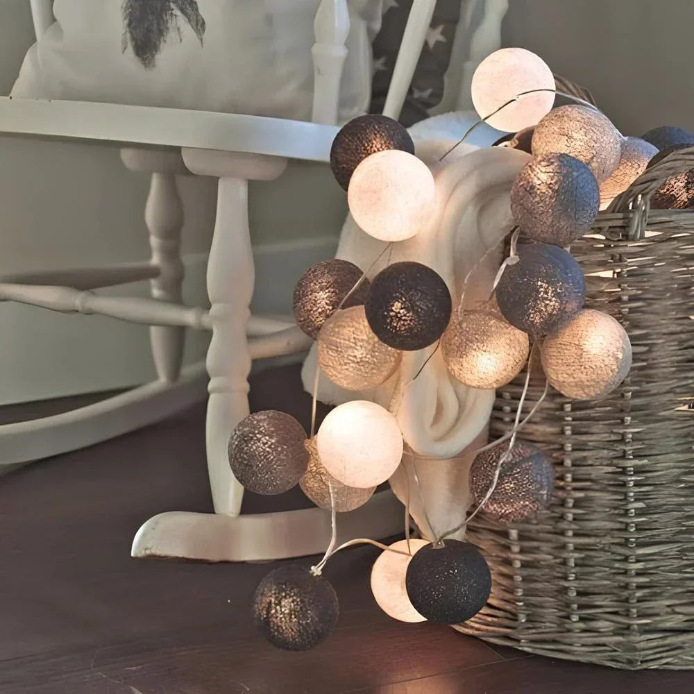 Cotton Ball String Lights with Soft Woven Globes for Bedroom, Living Room & Party Decor – USB or Battery Powered Fairy Lights | Thomler