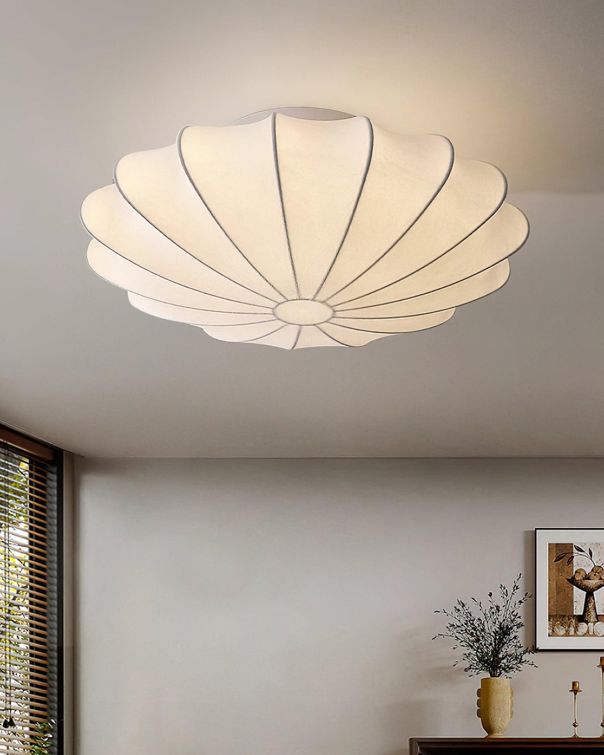 Flush Mount Pendant with Silk Shade White Metal Base for Bedroom Living Room Hallway Soft Glow E26 Socket 40W Compatible Wall or Ceiling Ins | Thomler