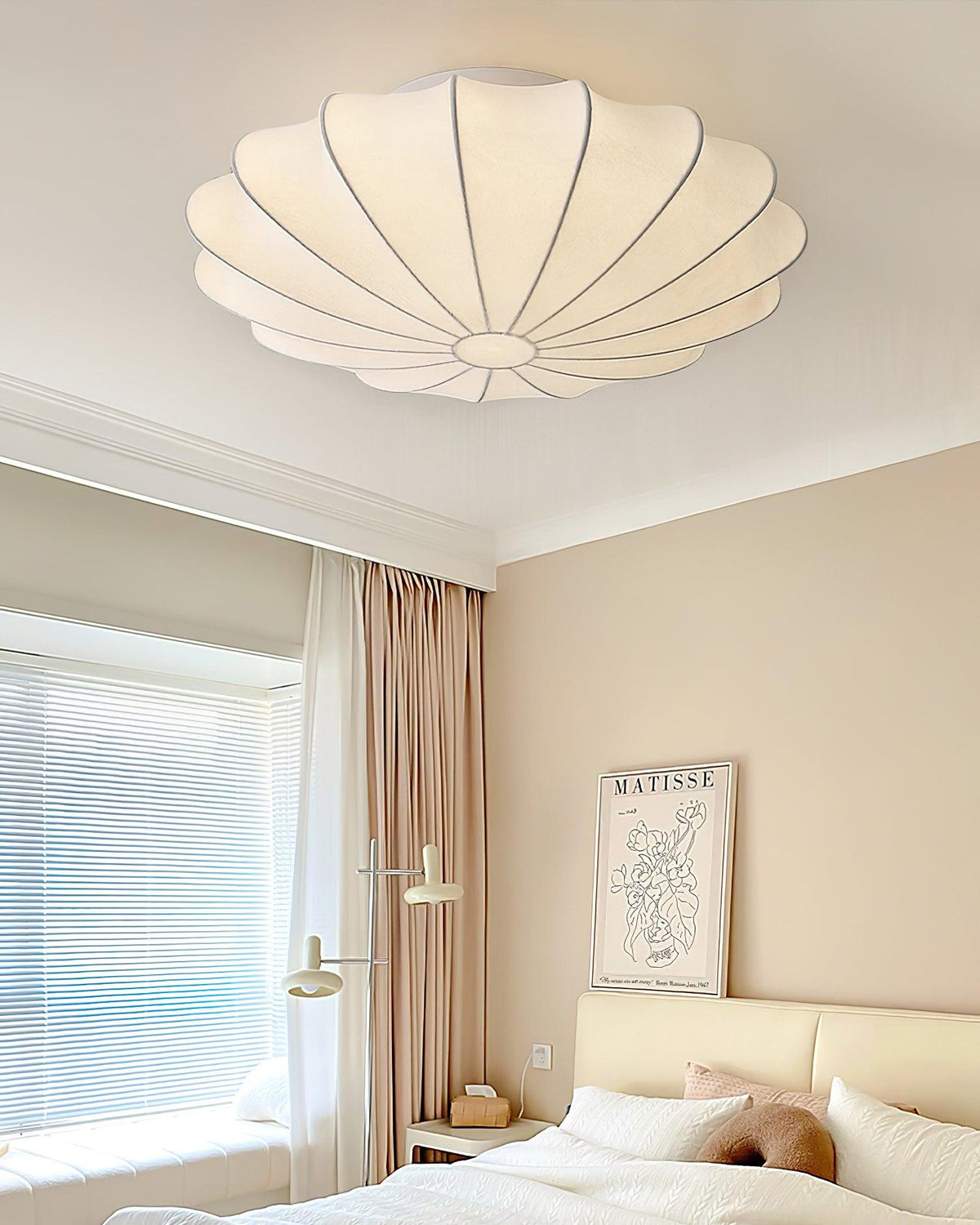 Flush Mount Pendant with Silk Shade White Metal Base for Bedroom Living Room Hallway Soft Glow E26 Socket 40W Compatible Wall or Ceiling Ins | Thomler