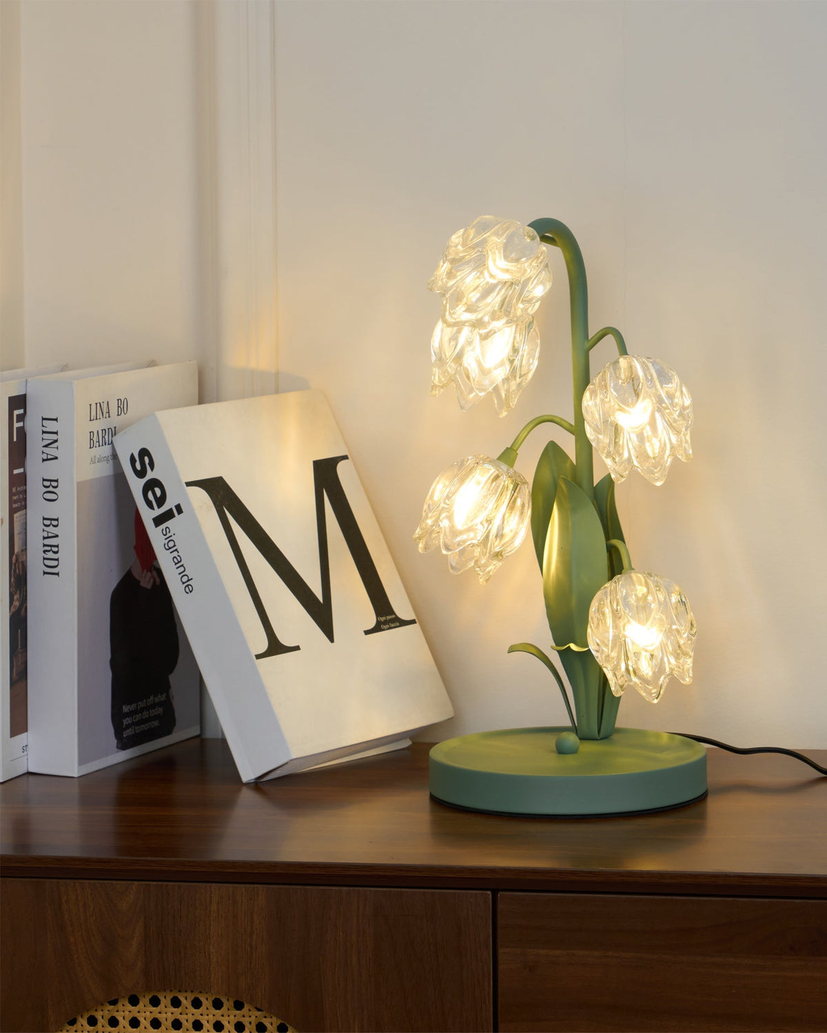 Floral Glass Shade Accent Lamp 7 Inch Green Stem Bedroom Nightstand Light Living Room Decorative Lighting Home Decor Indoor Small Bulb | Thomler