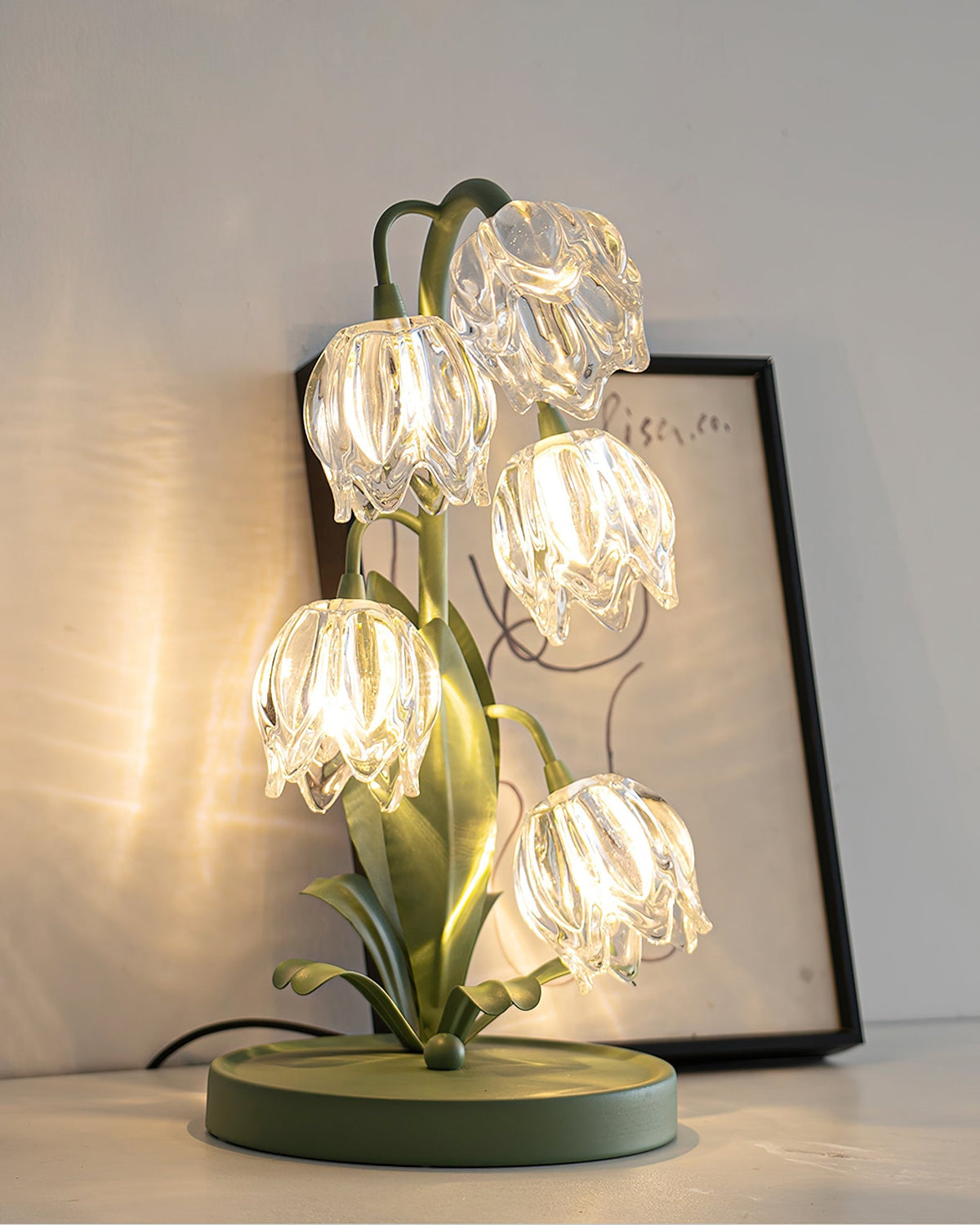Floral Glass Shade Accent Lamp 7 Inch Green Stem Bedroom Nightstand Light Living Room Decorative Lighting Home Decor Indoor Small Bulb | Thomler