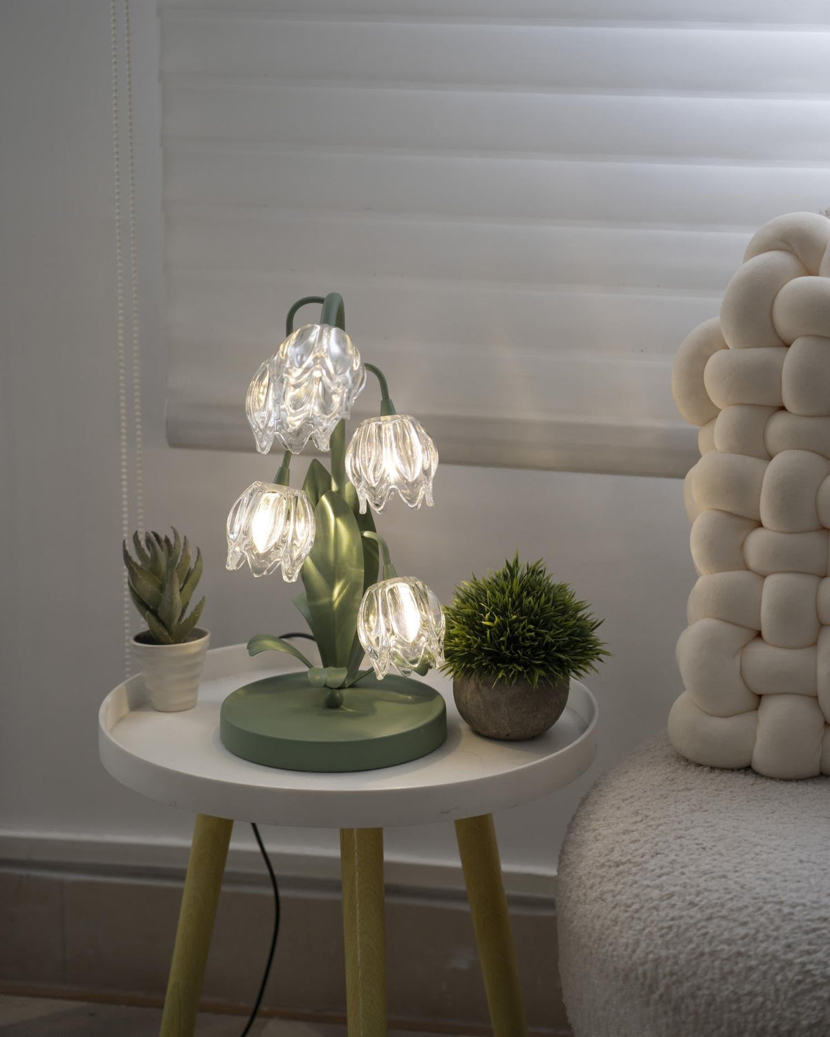 Floral Glass Shade Accent Lamp 7 Inch Green Stem Bedroom Nightstand Light Living Room Decorative Lighting Home Decor Indoor Small Bulb | Thomler