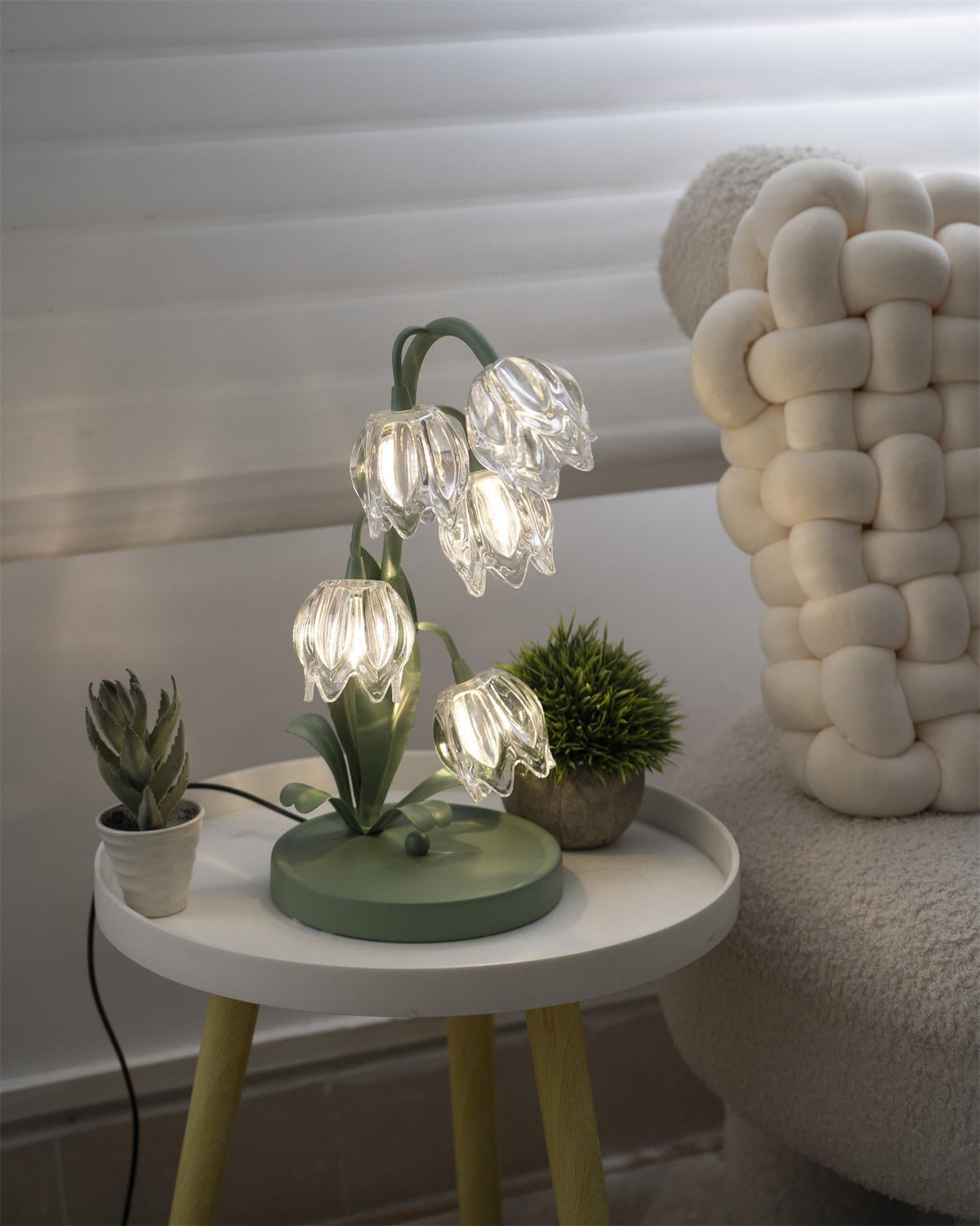Floral Glass Shade Accent Lamp 7 Inch Green Stem Bedroom Nightstand Light Living Room Decorative Lighting Home Decor Indoor Small Bulb | Thomler