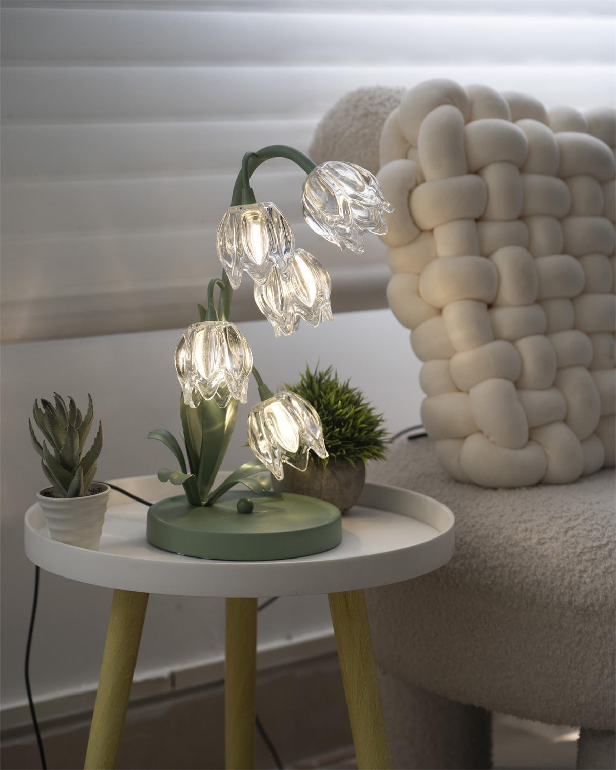 Floral Glass Shade Accent Lamp 7 Inch Green Stem Bedroom Nightstand Light Living Room Decorative Lighting Home Decor Indoor Small Bulb | Thomler