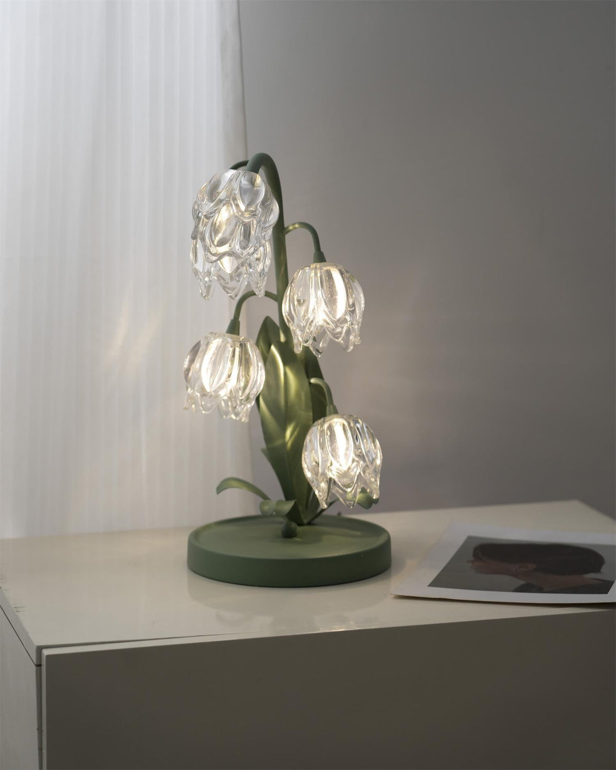 Floral Glass Shade Accent Lamp 7 Inch Green Stem Bedroom Nightstand Light Living Room Decorative Lighting Home Decor Indoor Small Bulb | Thomler