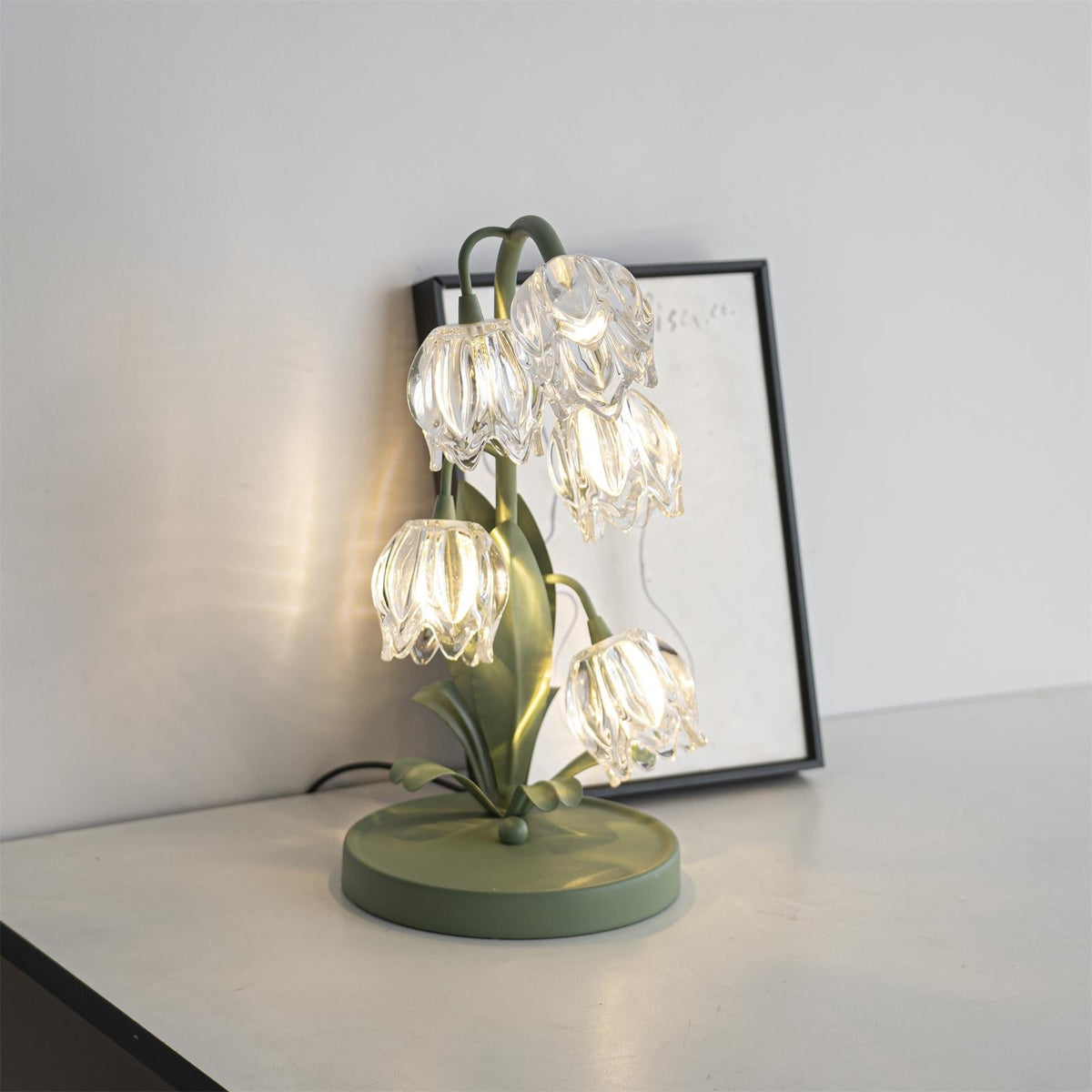 Floral Glass Shade Accent Lamp 7 Inch Green Stem Bedroom Nightstand Light Living Room Decorative Lighting Home Decor Indoor Small Bulb | Thomler