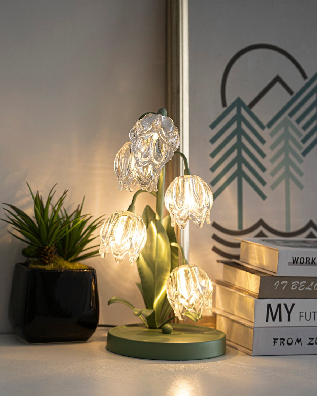 Floral Glass Shade Accent Lamp 7 Inch Green Stem Bedroom Nightstand Light Living Room Decorative Lighting Home Decor Indoor Small Bulb | Thomler