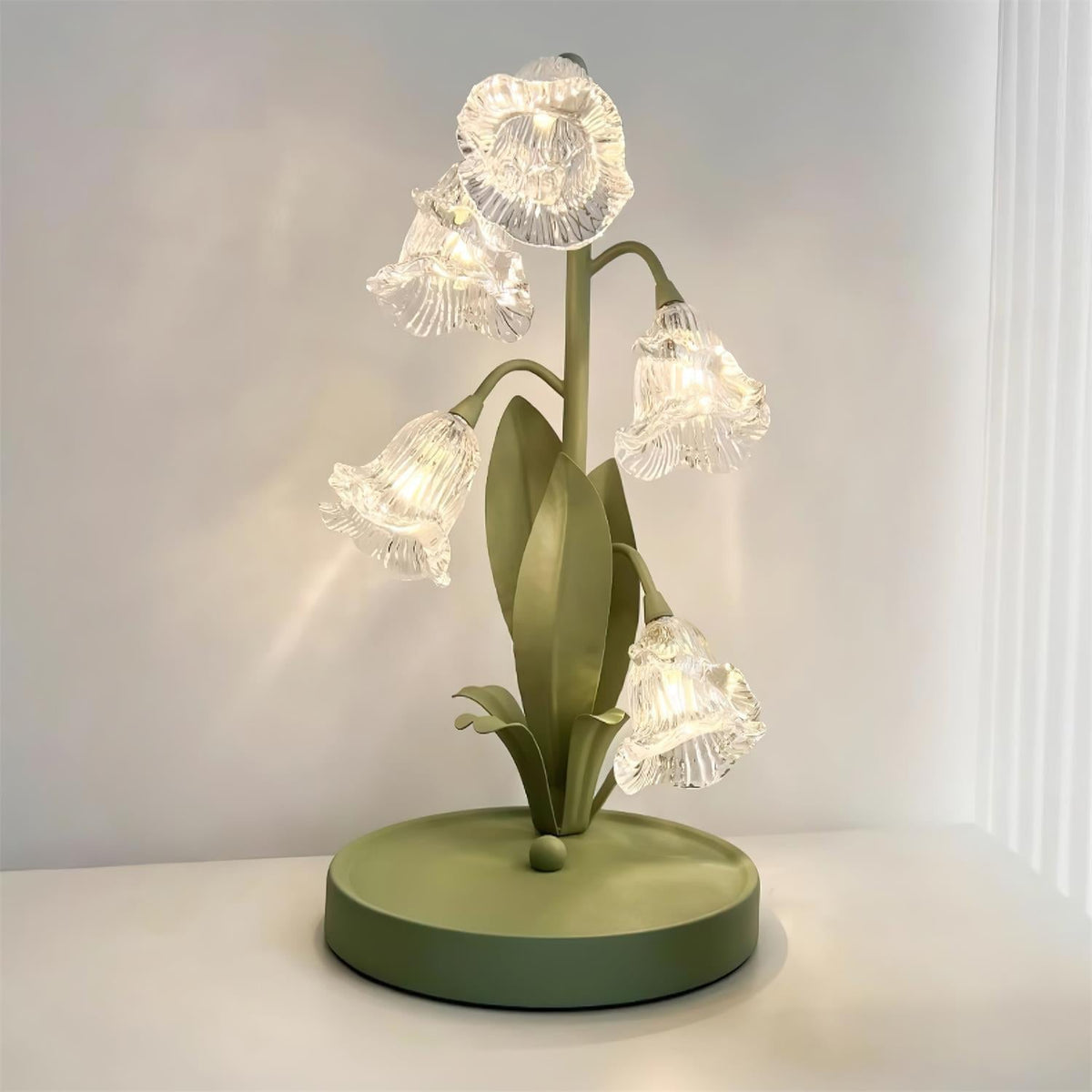 Floral Glass Shade Accent Lamp 7 Inch Green Stem Bedroom Nightstand Light Living Room Decorative Lighting Home Decor Indoor Small Bulb | Thomler