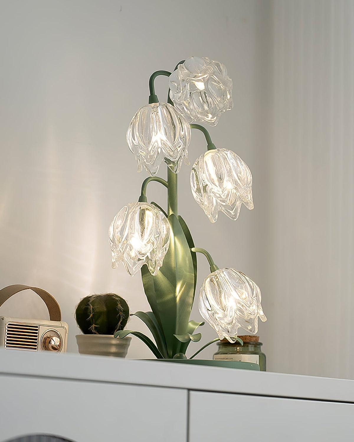 Floral Glass Shade Accent Lamp 7 Inch Green Stem Bedroom Nightstand Light Living Room Decorative Lighting Home Decor Indoor Small Bulb | Thomler