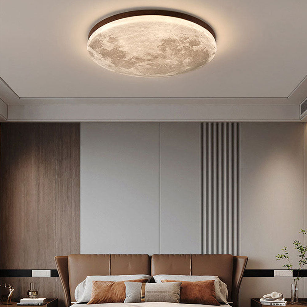 Runde LED-Unterputz-Deckenleuchte mit Mondoberflächen-Design, Holz & Acryl, 48 cm Durchmesser, für Schlafzimmer, Wohnzimmer und Flure, modernes Ambiente