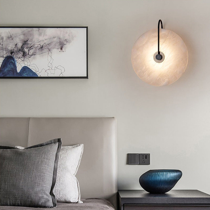 Alabaster Disc Sconce with Gold Arm – Natural Stone Wall Light for Bedroom, Living Room & Hallway – Integrated LED 6 to 12 Inch – Warm White | Thomler