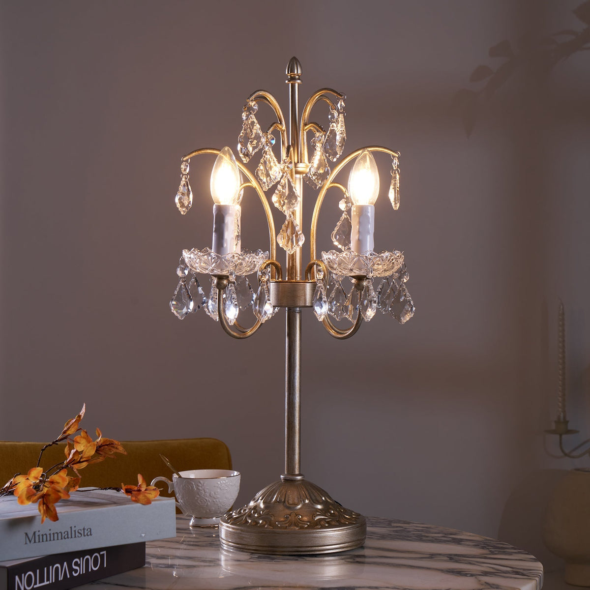 Crystal Chandelier-Style Table Lamp with Metal Frame for Bedroom & Living Room Lighting | 22 in Height Decorative Accent Light for Nightstan | Thomler