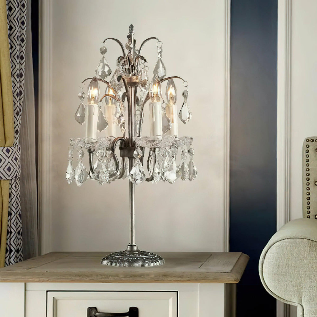 Crystal Chandelier-Style Table Lamp with Metal Frame for Bedroom & Living Room Lighting | 22 in Height Decorative Accent Light for Nightstan | Thomler