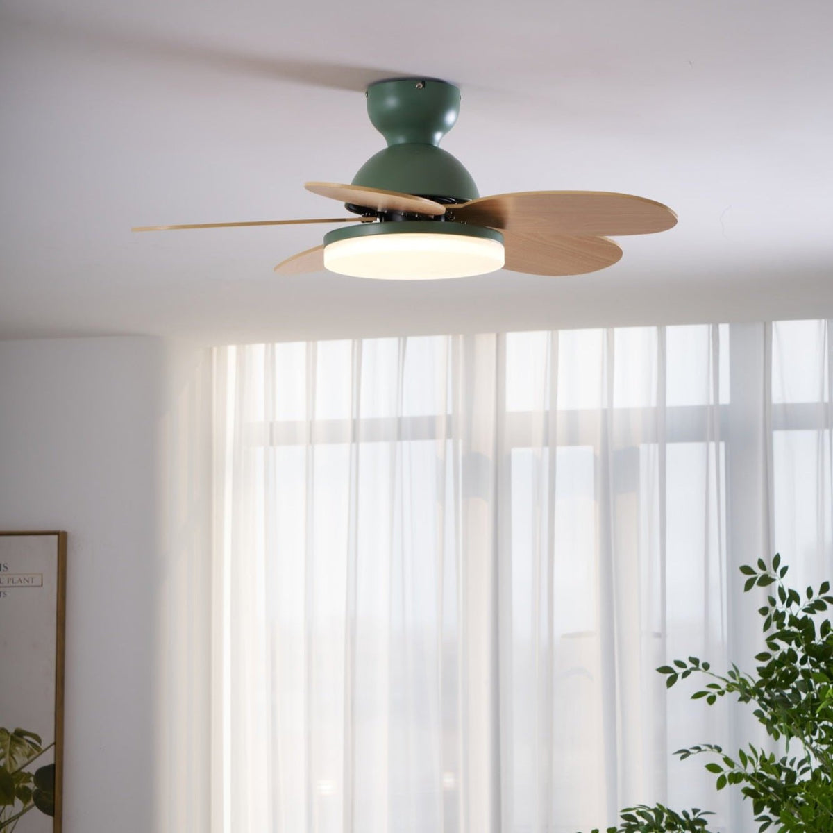 Ventilador de techo para interiores con luz LED, 35 pulgadas, aspas de madera con diseño curvo, 6 velocidades, control remoto, motor de CC para sala de estar, dormitorio, comedor, gris