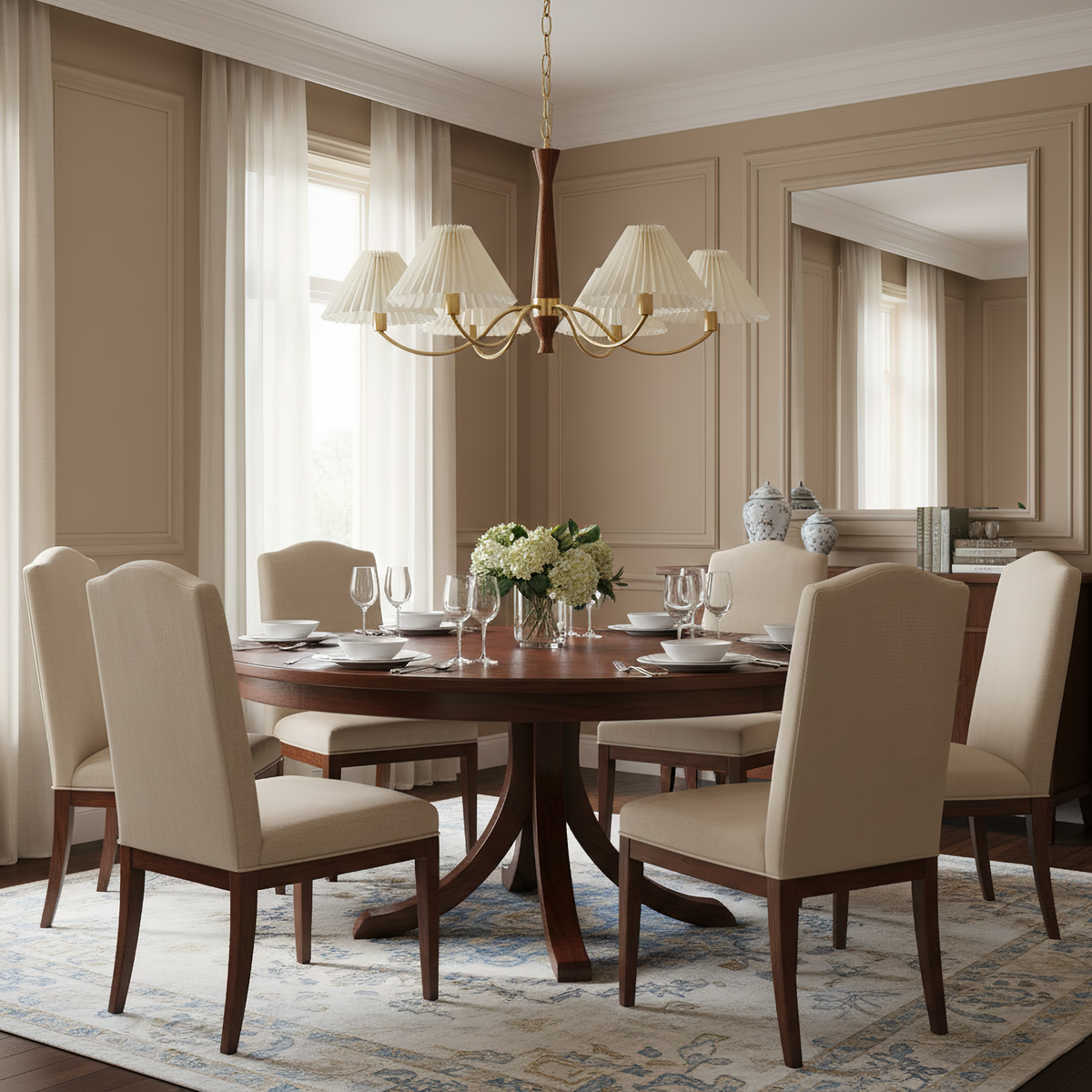 Overheadstoffen kaparmatuur met gebogen armen voor eettafels & open keukens – Essenhout & ijzeren frame met verstelbare ketting in beige | Thomler