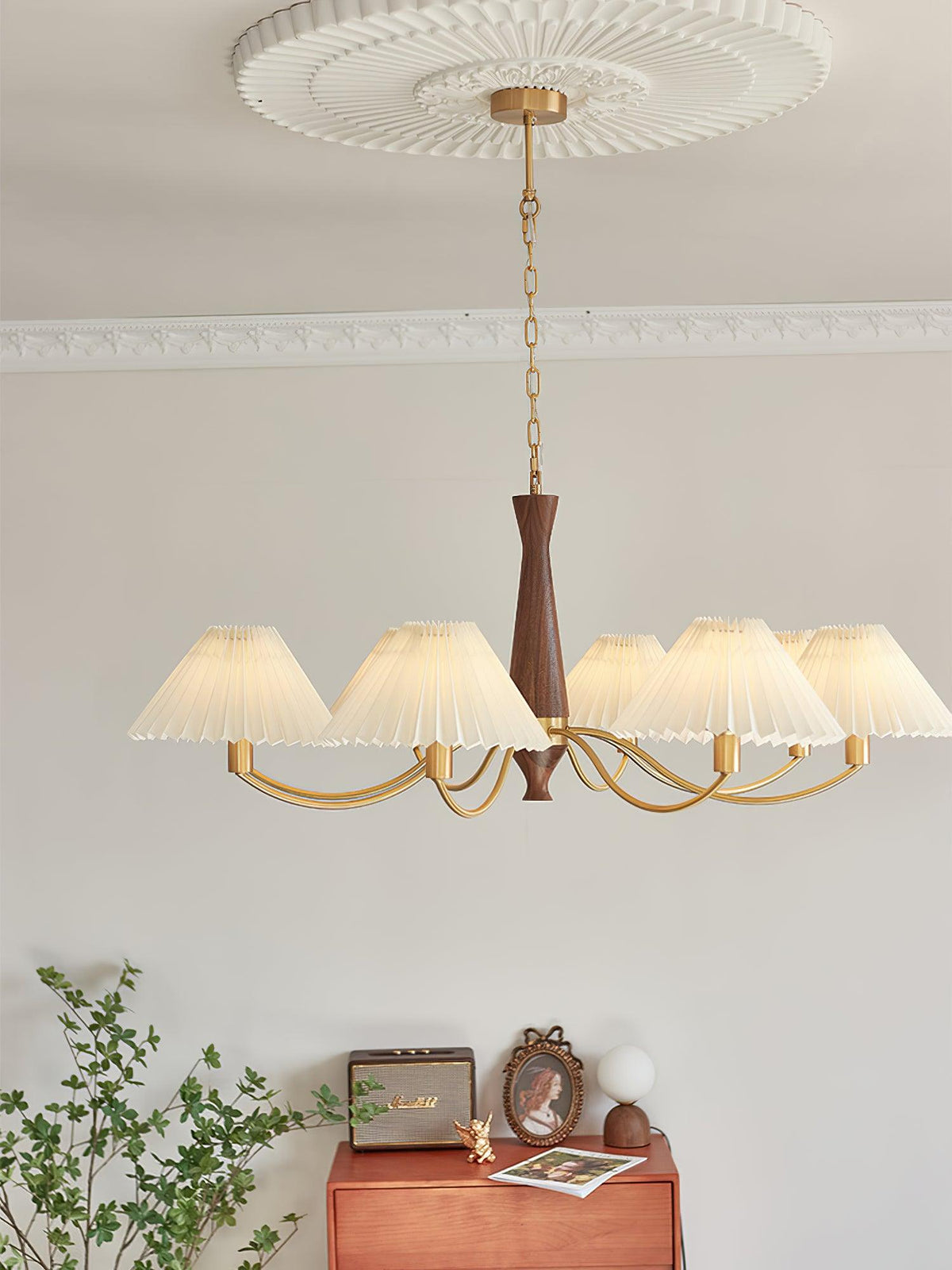 Overheadstoffen kaparmatuur met gebogen armen voor eettafels & open keukens – Essenhout & ijzeren frame met verstelbare ketting in beige | Thomler