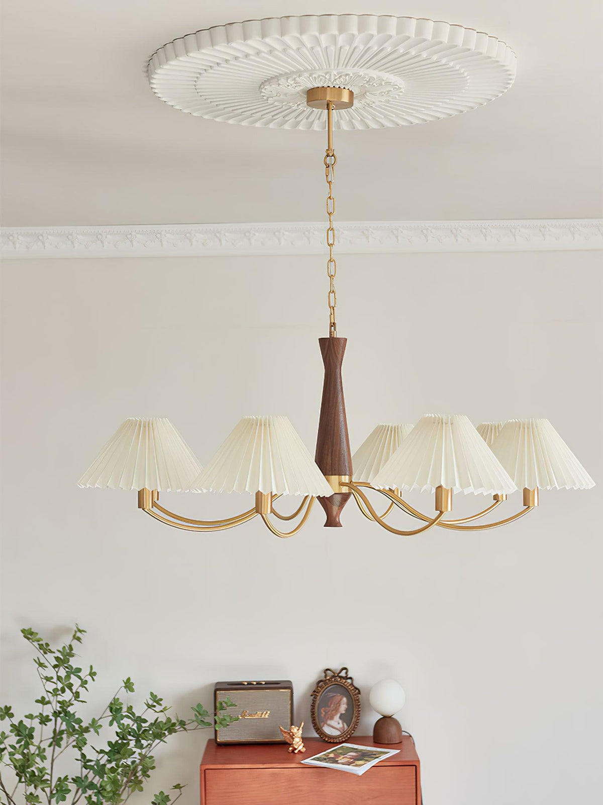 Overheadstoffen kaparmatuur met gebogen armen voor eettafels & open keukens – Essenhout & ijzeren frame met verstelbare ketting in beige | Thomler