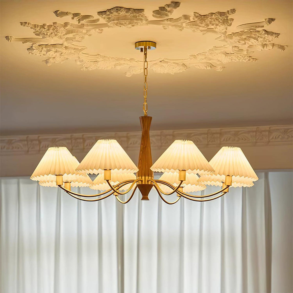 Overheadstoffen kaparmatuur met gebogen armen voor eettafels & open keukens – Essenhout & ijzeren frame met verstelbare ketting in beige | Thomler
