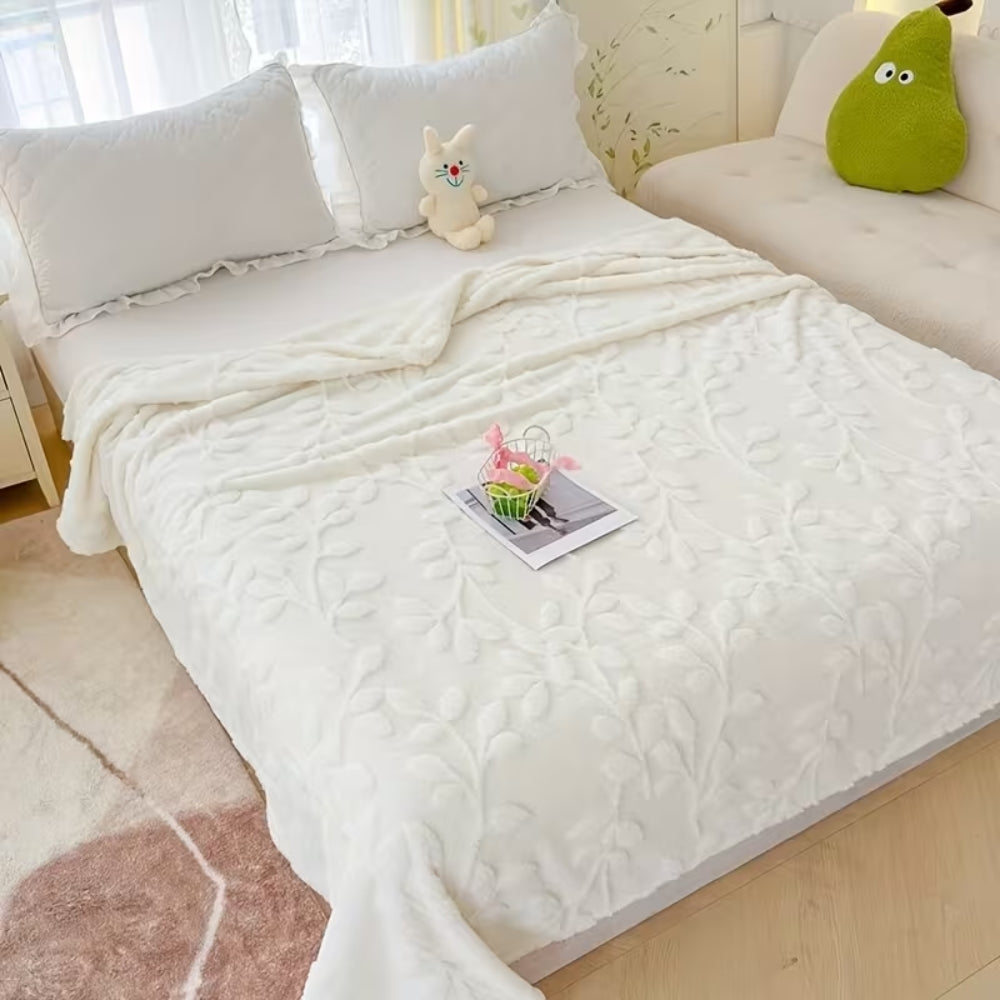 Textured Microfiber Fleece Throw Blanket – Botanical Relief Pattern, Machine Washable – 4 Sizes