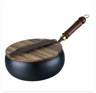 12-Inch Cast-Iron Round-Bottom Skillet with Wood Handle and Lid for Induction Gas Electric Stovetops | Thomler